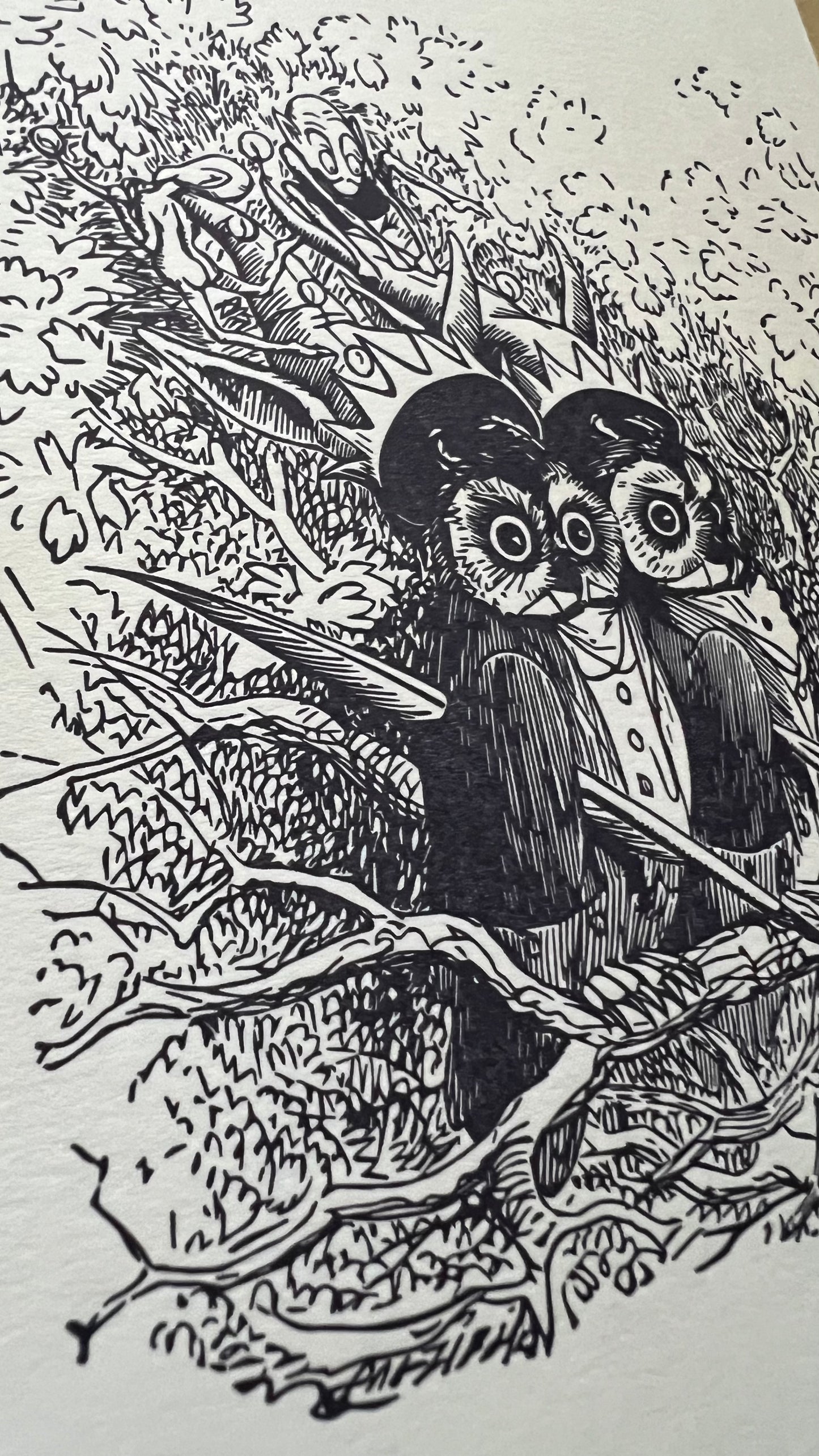 Two owls perched on a branch with a detailed background