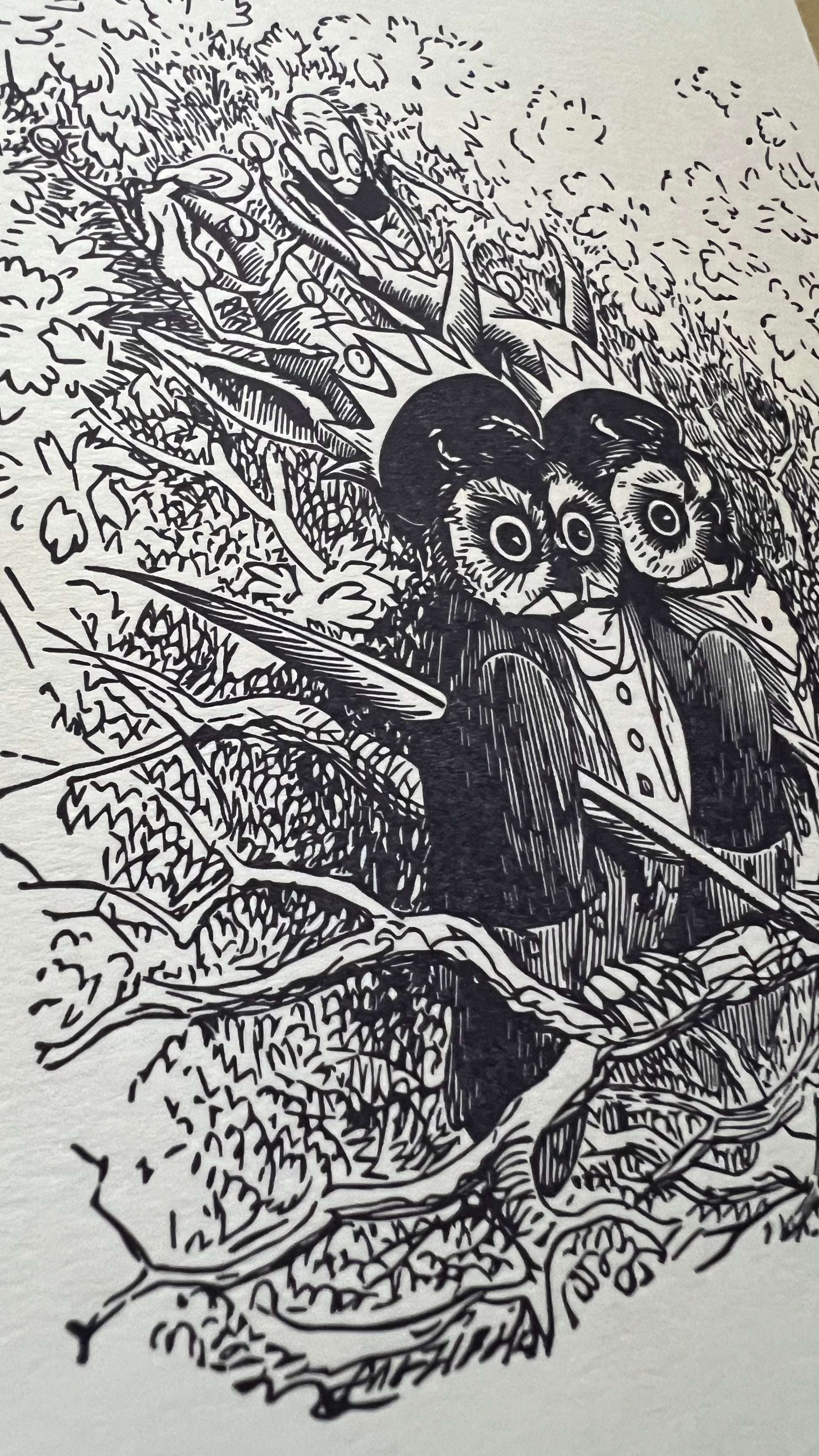 Two owls perched on a branch with a detailed background